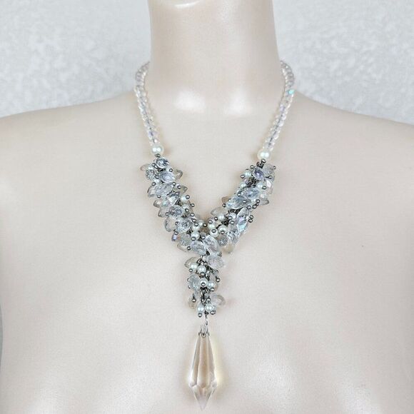 Crystal Faceted Glass Faux Pearl Cluster Y Statement Necklace Prism Drippy Bead - Picture 1 of 13